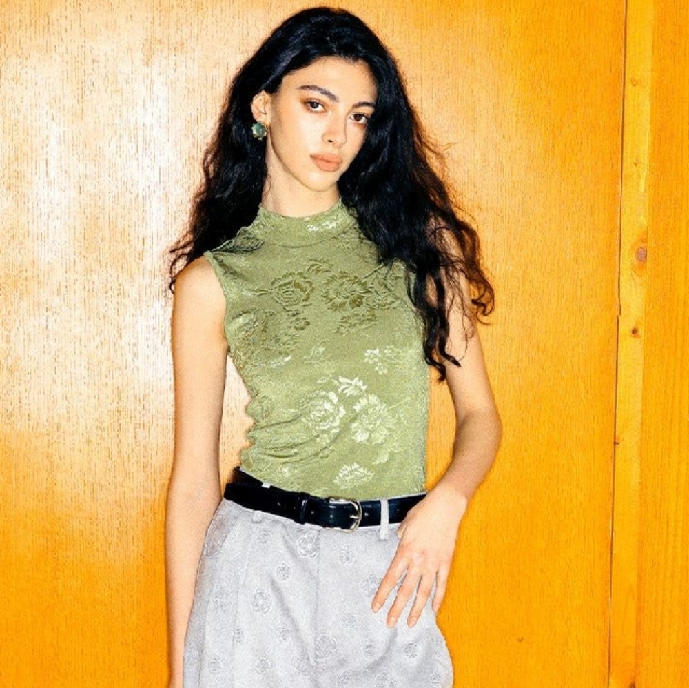 Aha Selected - Stretch Knitted Embossed Mock High Neck Vest Tank Top